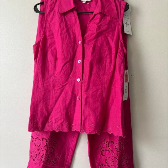 NEW Vintage Y2K Fuchsia linen set button-up embroidered top and capri - Small - Picture 5 of 10